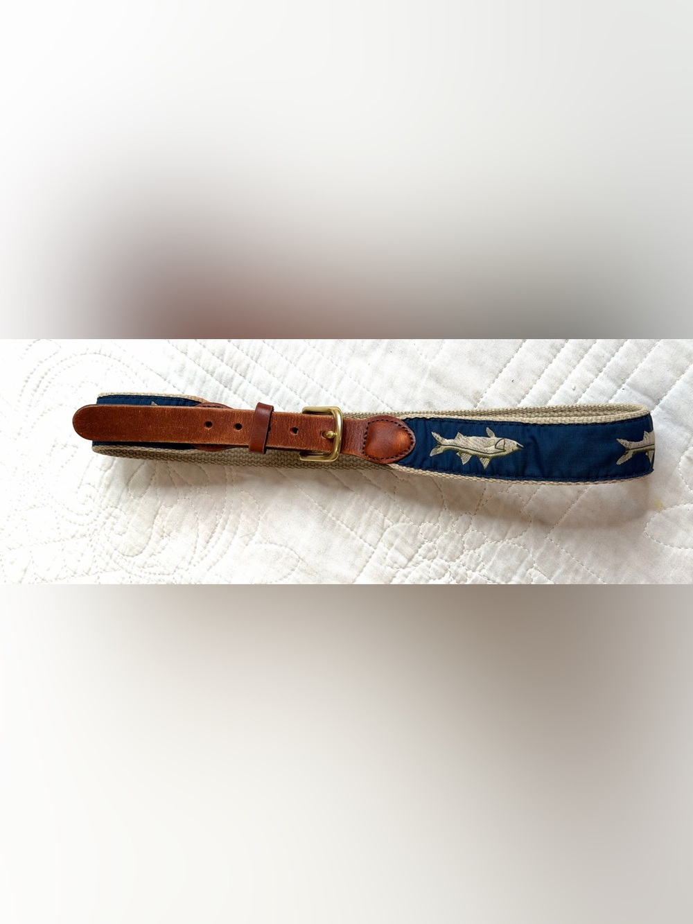 LEATHER MAN LTD Leather & Canvas Belt 26” Bonefish On Navy Handmade In  ESSEX CT